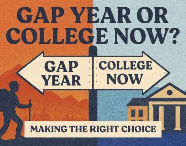 A student standing with a backpack and books, contemplating whether to take a gap year or start college immediately.