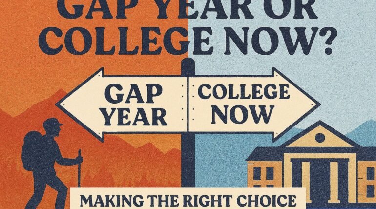 A student standing with a backpack and books, contemplating whether to take a gap year or start college immediately.