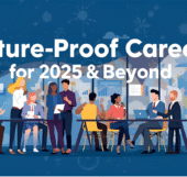 A futuristic career landscape showing AI, cybersecurity, and digital health professionals working with advanced technology.