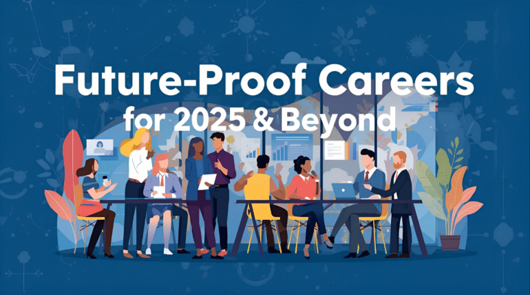 A futuristic career landscape showing AI, cybersecurity, and digital health professionals working with advanced technology.