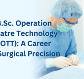 A doctor assisting in surgery and managing instruments during the B.Sc. OTT course.